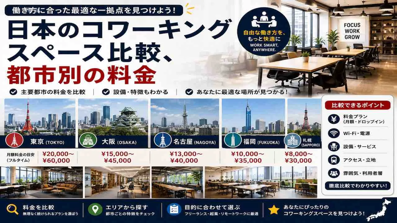 日本のコワーキングスペース比較、都市別の料金.webp